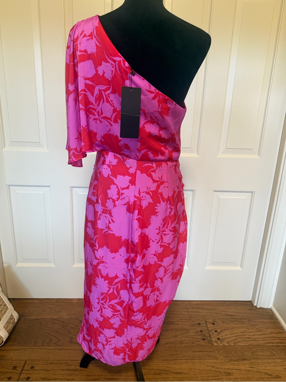 DO+BE One-Shoulder Pink and Red Floral Draped Dress - Picture 2 of 5